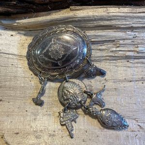 Vintage Western Charm Brooch Pin Charms include Gun Saddle Tomahawk Indian Head